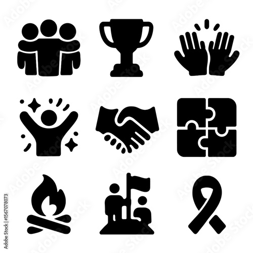Teamwork Icon Grid. Solid, filled icon set of team building: group hug, trophy, high five, celebration, handshake, puzzle pieces,