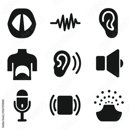 Sound Production Icons. Solid, filled icons set of how sound is made: vocal cords, sound wave, diaphragm, ear