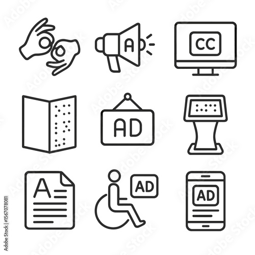 Accessible Advertising Icons. Outline icon set of accessible advertising channels: sign language interpreter, audio description