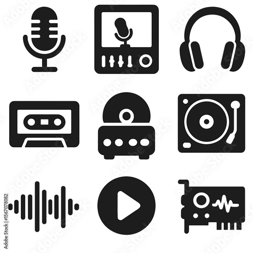 Sound Icons Grid. Solid, filled icons set of sound recording and playback: microphone, recording studio,