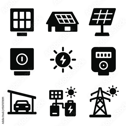 Solar Tech Icons. Solid, filled icons set of solar technology startups: PV cell, rooftop array, solar tracker,