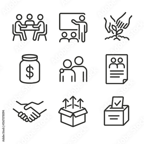 Youth Community Icon Set. Outline icon set of community organizing by youth: group meeting table, workshop presentation board,