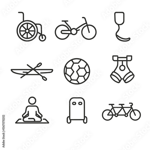 Adaptive Sports Icons. Outline icon set of adaptive sports and recreation: wheelchair basketball chair, handcycle, prosthetic