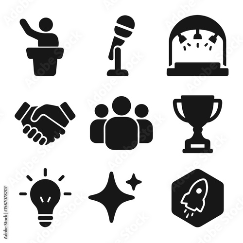 Startup Competition Icons. Solid, filled icons set of pitching and startup competitions: pitch icon,
