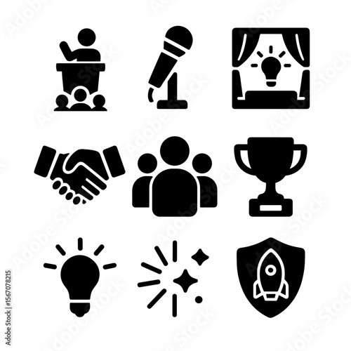 Startup Competition Icons. Solid, filled icons set of pitching and startup competitions: pitch icon,