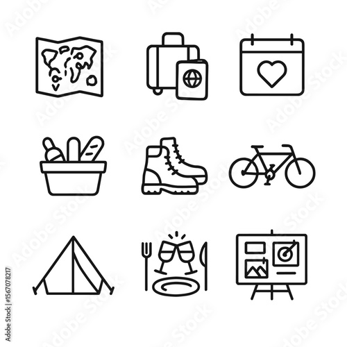 Adventure Icon Set. Outline icon set of shared experiences and future adventures: world map with route, suitcase and passport,