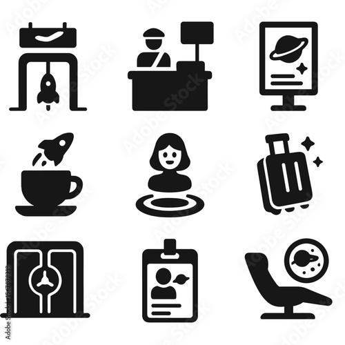 Spaceport Terminal Icons. Solid, filled icons set of spaceport terminal amenities: boarding gate, customs