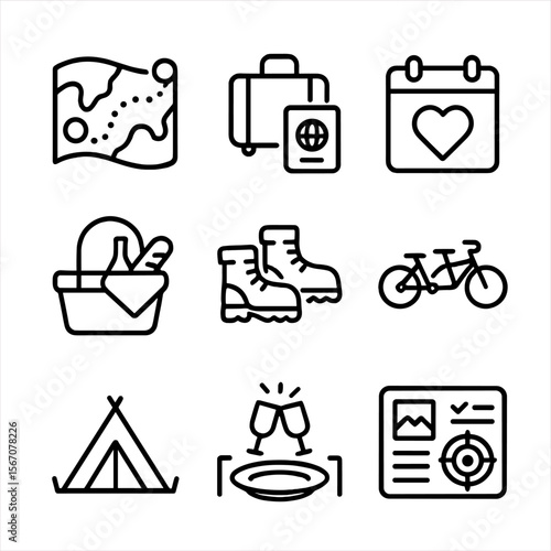 Adventure Icon Set. Outline icon set of shared experiences and future adventures: world map with route, suitcase and passport,
