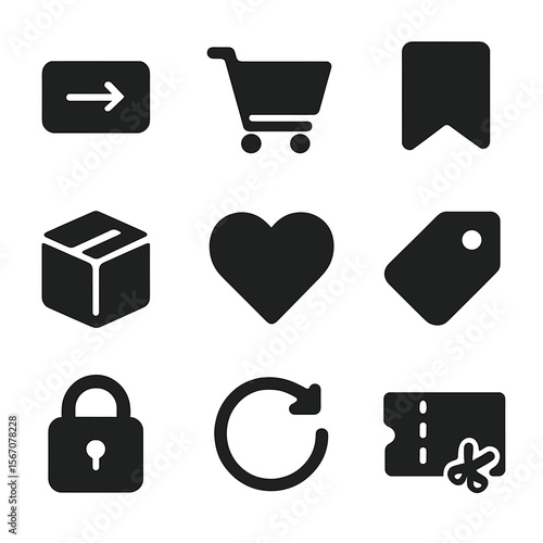 Ecommerce Icon Set. Solid, filled icon set of ecommerce CTA actions: buy now, add to cart, save for later, checkout box, wishlist