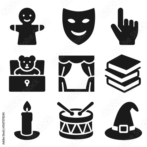 Storytelling Props Icons. Solid, filled icons set of storytelling props: puppet, mask, hand gesture, toy box,