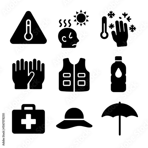 Temperature Safety Icons. Solid, filled icon set of temperature safety: warning sign, heatstroke icon, frostbite icon, protective
