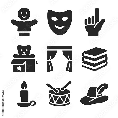 Storytelling Props Icons. Solid, filled icons set of storytelling props: puppet, mask, hand gesture, toy box,