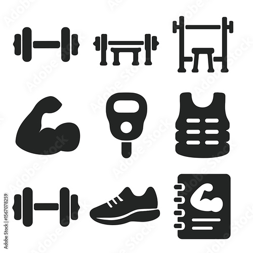 Strength Icons Grid. Solid, filled icons set of strength and conditioning routines: barbell icon, bench press,
