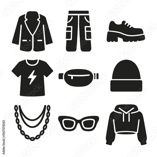 Street Style Icons. Solid, filled icons set of street style for women: oversized blazer, cargo pants, platform