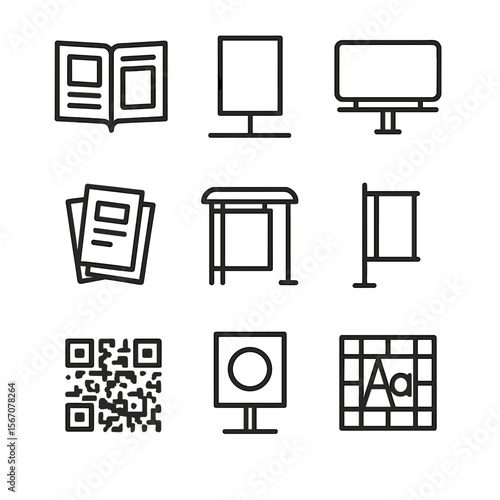 Outline Advertising Icons. Outline icon set of print and outdoor advertising: magazine layout mockup, poster on wall, billboard