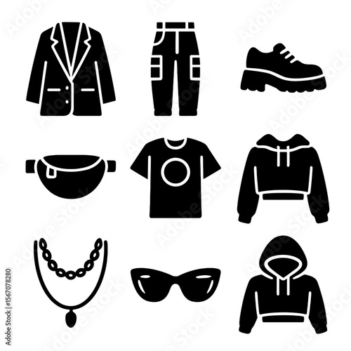 Street Style Icons. Solid, filled icons set of street style for women: oversized blazer, cargo pants, platform