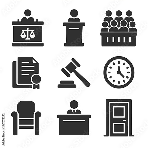 Courtroom Icons Set. Solid, filled icons set of courtroom settings: judge bench, witness stand, jury box,