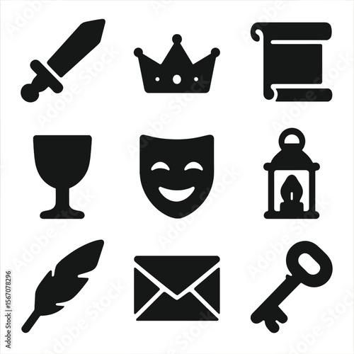 Theatrical Icon Set. Solid, filled icon set of theatrical props: sword, crown, scroll, goblet, mask, lantern, feather quill,