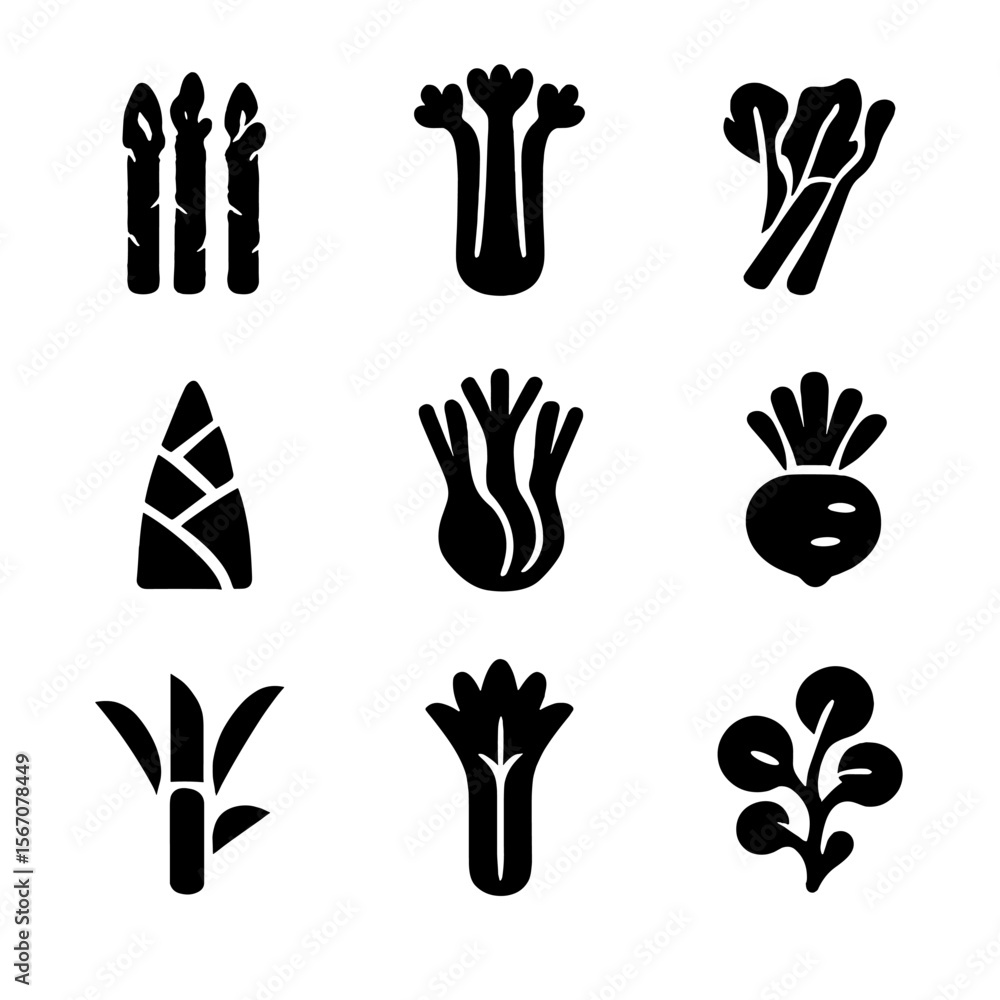 Fototapeta premium Edible Stems Icon Set. Solid, filled icon set of edible stems and shoots: asparagus, celery, rhubarb, bamboo shoot, fennel stalk,