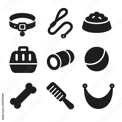 Ferret Accessories Icons. Solid, filled icon set of ferret accessories: collar, leash, food bowl, pet carrier, tunnel, ball, chew