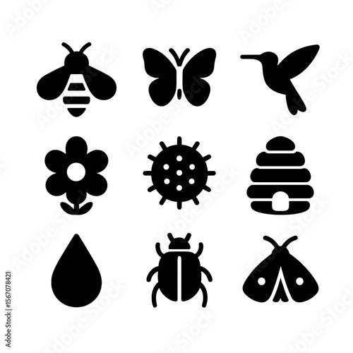 Ecosystem Pollinators Icons. Solid, filled icon set of pollinators in ecosystems: bee, butterfly, hummingbird, flower bloom,