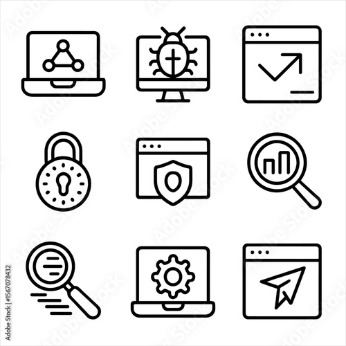 Penetration Testing Icons. Outline icon set of penetration testing tools: network scanner, vulnerability scanner, exploit