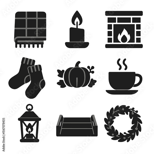 Cozy Autumn Icons. Solid, filled icons set of cozy autumn home decor: plaid blanket, candle flame, fireplace,