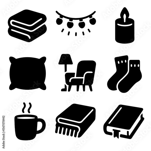 Cozy Bedroom Icons. Solid, filled icons set of cozy bedroom vibes: warm blanket, fairy lights, candle, plush