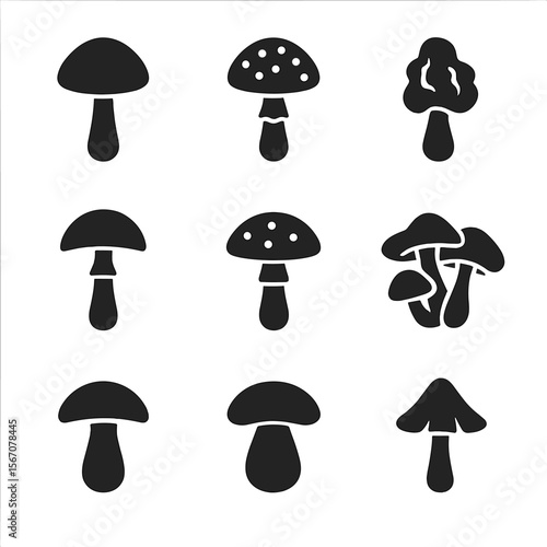 Toxic Mushroom Icons. Solid, filled icon set of toxic mushrooms to avoid: death cap, fly agaric, false morel, destroying angel,
