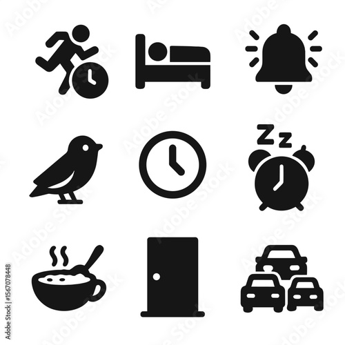 Time Management Icons. Solid, filled icon set of late and early signs: running with clock, overslept bed, urgent reminder, early