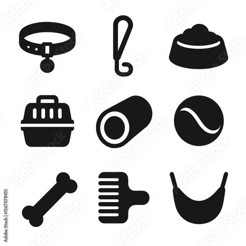 Ferret Accessories Icons. Solid, filled icon set of ferret accessories: collar, leash, food bowl, pet carrier, tunnel, ball, chew