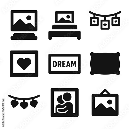 Cozy Bedroom Icons. Solid, filled icons set of bedroom photo displays: nightstand frame, headboard photo,