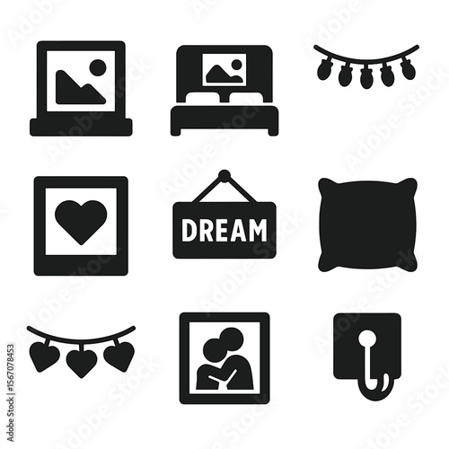 Cozy Bedroom Icons. Solid, filled icons set of bedroom photo displays: nightstand frame, headboard photo,