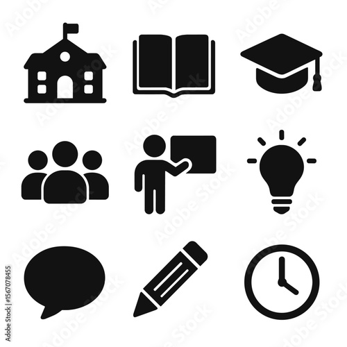 Education Icon Grid. Solid, filled icon set of Safe learning spaces: school building, open book, graduation cap, group of students