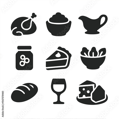 Traditional Meal Icons. Solid, filled icon set of traditional meals: roast chicken, mashed potatoes, gravy boat, cranberry sauce,