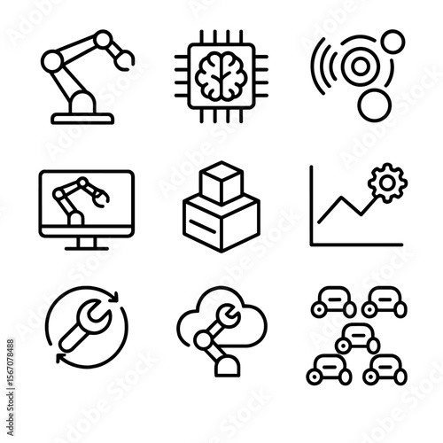 AI Robotics Icon Set. Outline icon set of AI-enhanced and collaborative robotics: collaborative robot arm, AI brain chip, sensor