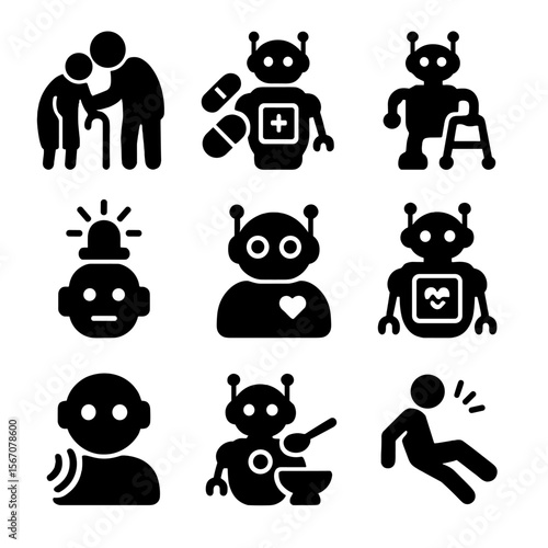 Elderly Care Robots Icons. Solid, filled icon set of elderly care robots: assistive robot, medication dispenser, mobility aid,
