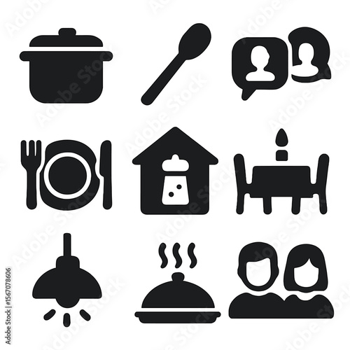 Cozy Dinner Icons. Solid, filled icons set of cozy dinner preparation: pot icon, cooking spoon, family chat,