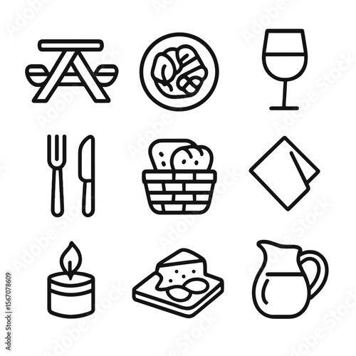 Al Fresco Dining Icons. Outline icon set of al fresco dining: picnic table, plate of salad, cutlery, wine glass, bread basket,