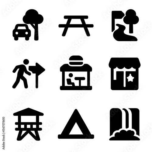 Travel Icons Grid. Solid, filled icon set of stops and detours: rest stop icon, picnic table, scenic route sign, hiking trail