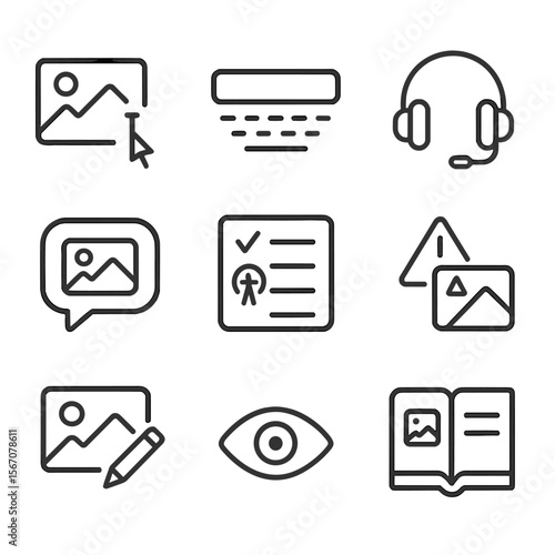 Alt Text Icon Set. Outline icon set of manual alt text authoring: image placeholder with text cursor, keyboard input field, screen
