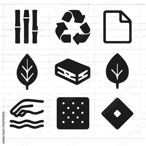 Sustainable Icon Grid. Solid, filled icons set of sustainable and mindful materials: bamboo texture, recycled