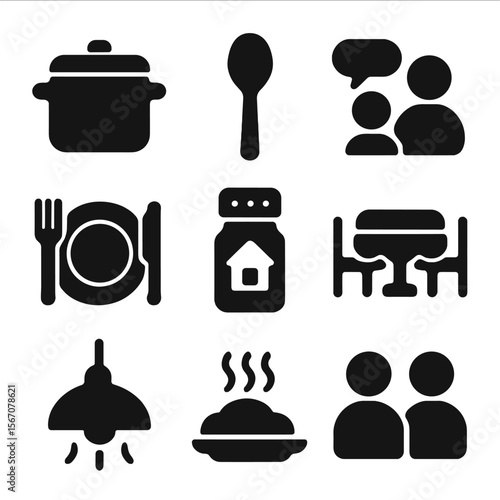 Cozy Dinner Icons. Solid, filled icons set of cozy dinner preparation: pot icon, cooking spoon, family chat,