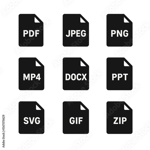 File Format Icons. Solid, filled icon set of portfolio file formats: PDF, JPEG, PNG, MP4, DOCX, PPT, SVG, GIF, ZIP. Line icons in