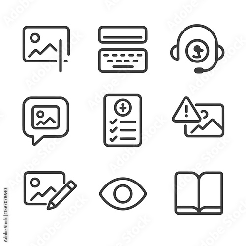 Alt Text Icon Set. Outline icon set of manual alt text authoring: image placeholder with text cursor, keyboard input field, screen