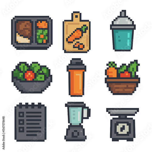 Pixel Meal Prep Icons. Pixel art icon set of nutrition and meal prep: meal container, chopping board, smoothie cup, salad bowl,