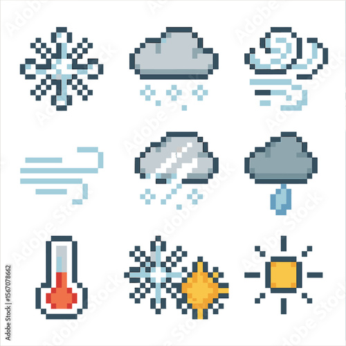 Pixel Weather Icons. Pixel art icon set of weather icons: pure flake, cloud with snow, flurry swirl, blizzard wind, snow shower,