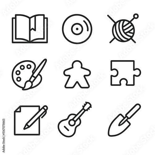Analog Hobby Icons. Outline icon set of analog creative hobbies: open book with bookmark, vinyl record, knitting needles with yarn