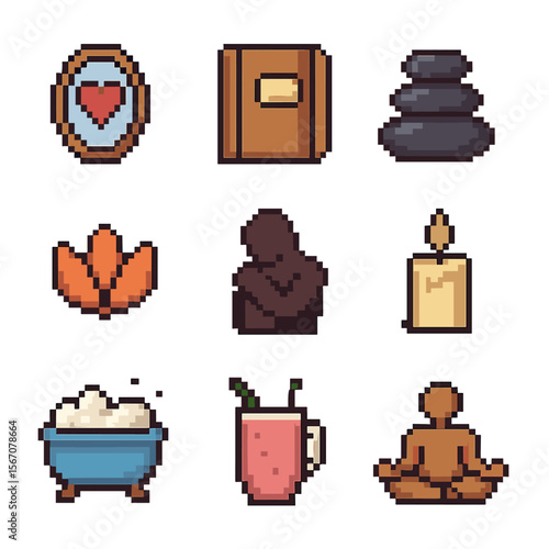 Pixel Self-Care Icons. Pixel art icon set of self-love and care: mirror with heart, journal, spa stones, lotus flower, self-hug