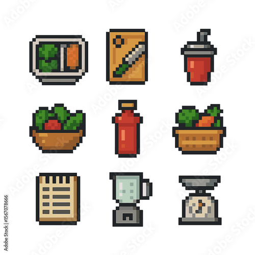 Pixel Meal Prep Icons. Pixel art icon set of nutrition and meal prep: meal container, chopping board, smoothie cup, salad bowl,